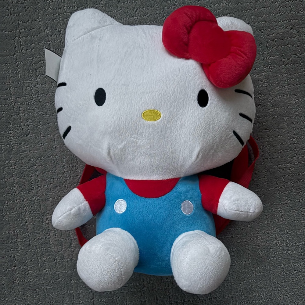 Sanrio Hello Kitty Red Bow Blue Overalls 15" Plush Stuffed Animal Backpack